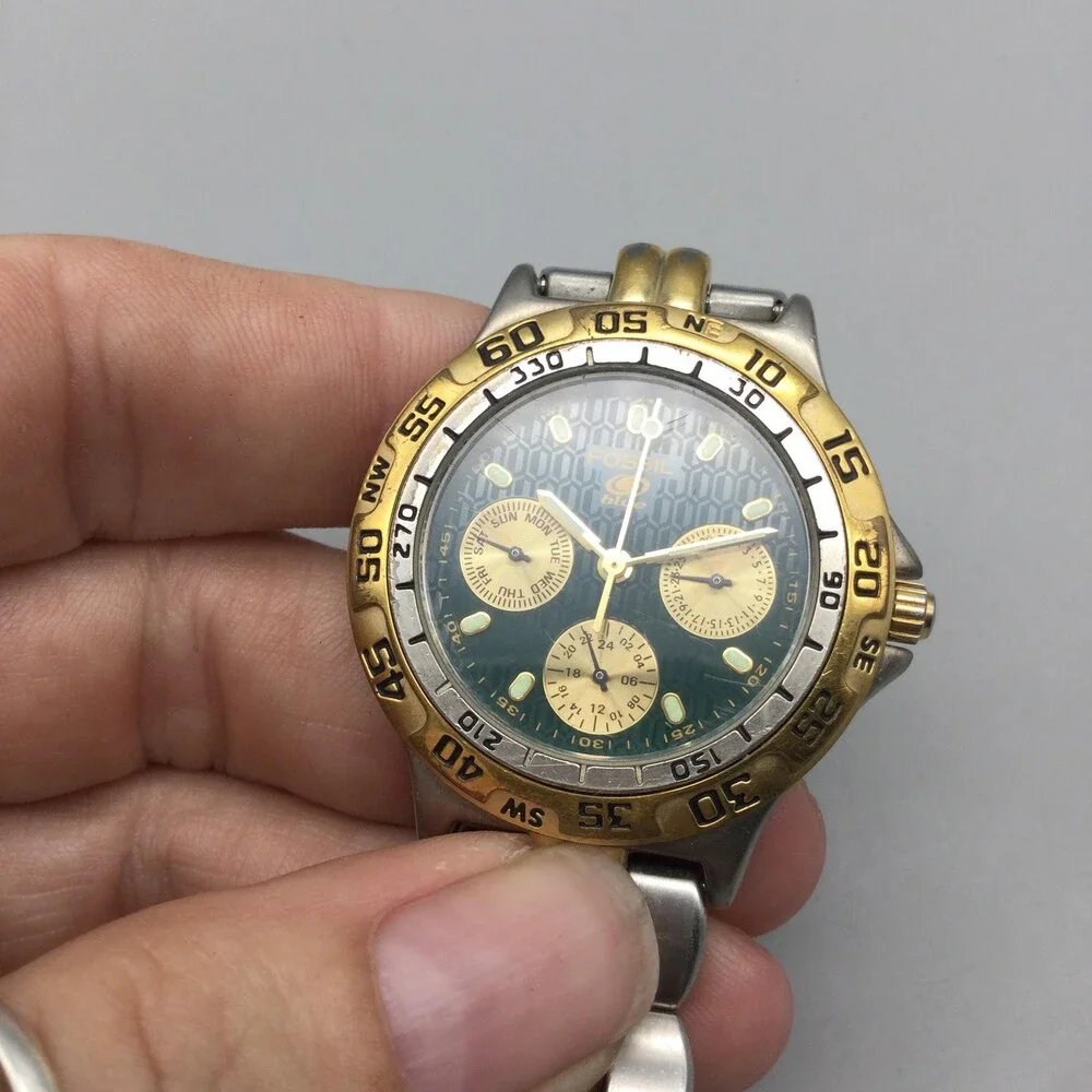Fossil Blue Mens Watch 35mm Green Dial Two Tone Stainless Quartz 100M Sport WR